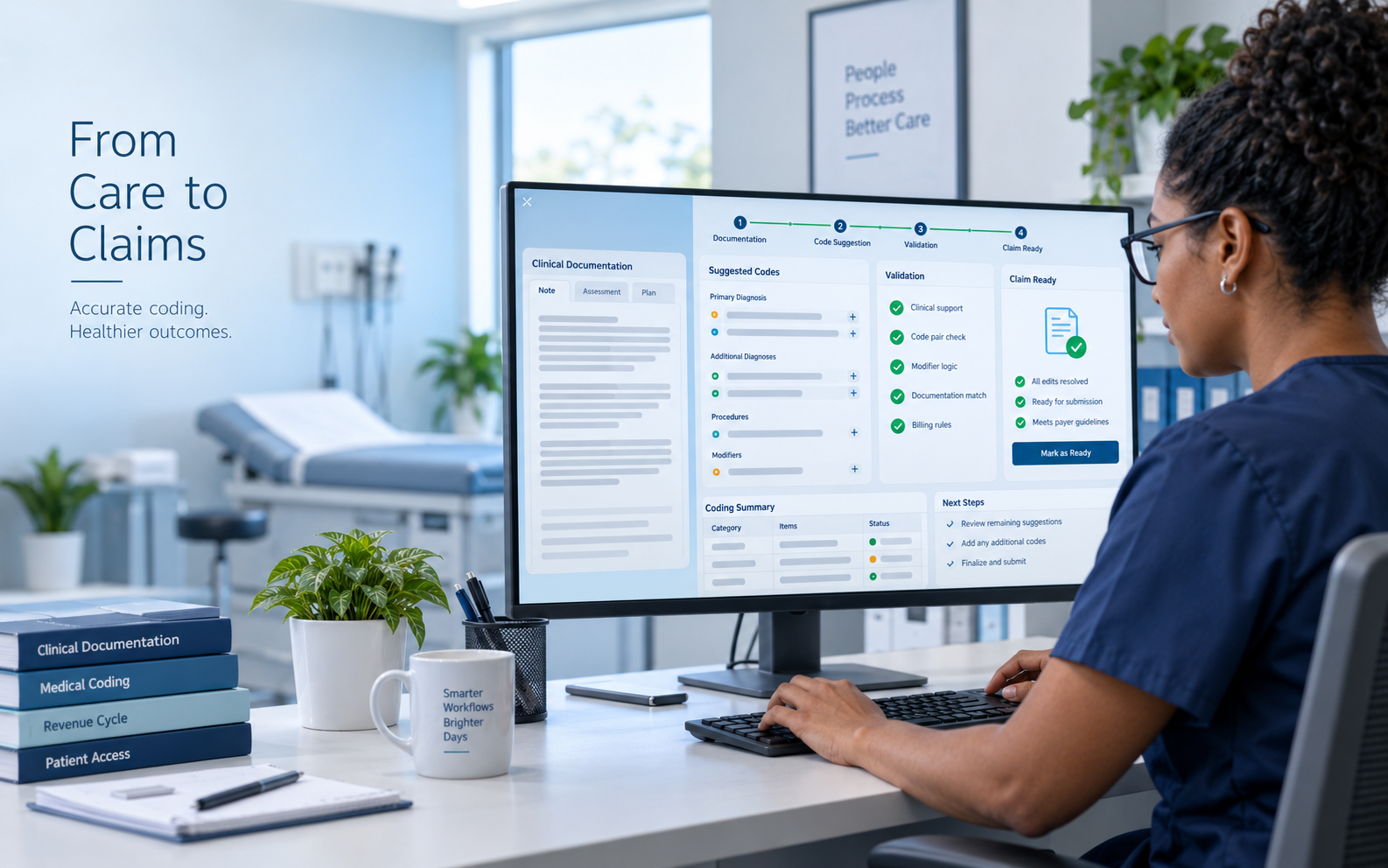 Medical coding professional reviewing an automated documentation-to-claims workflow