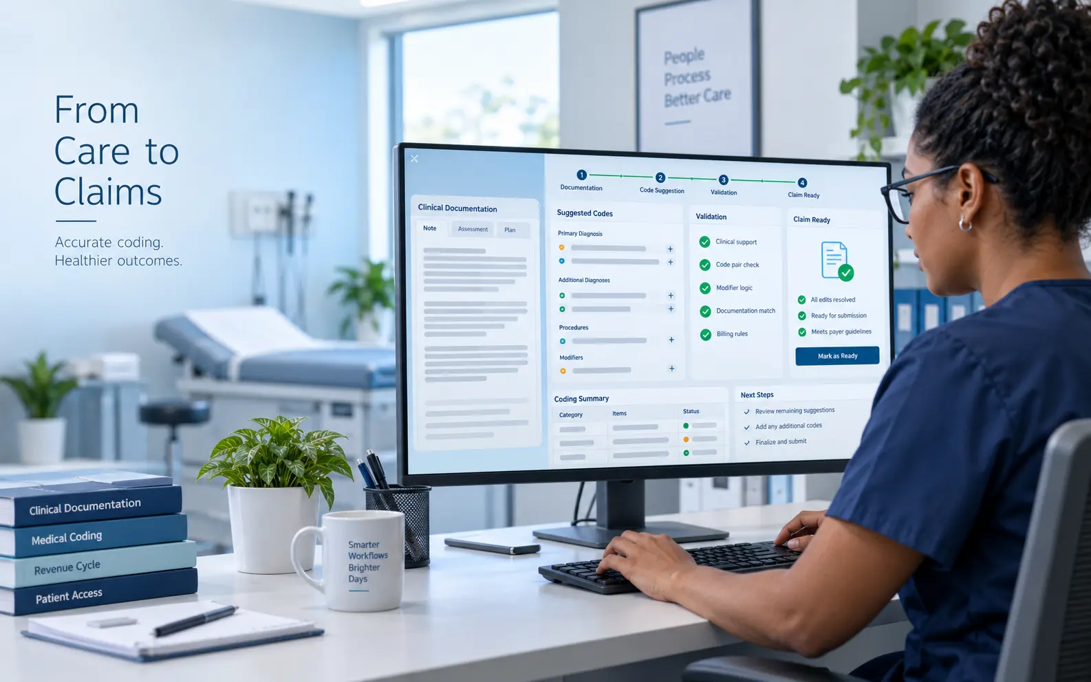 Medical coding professional reviewing an automated documentation-to-claims workflow