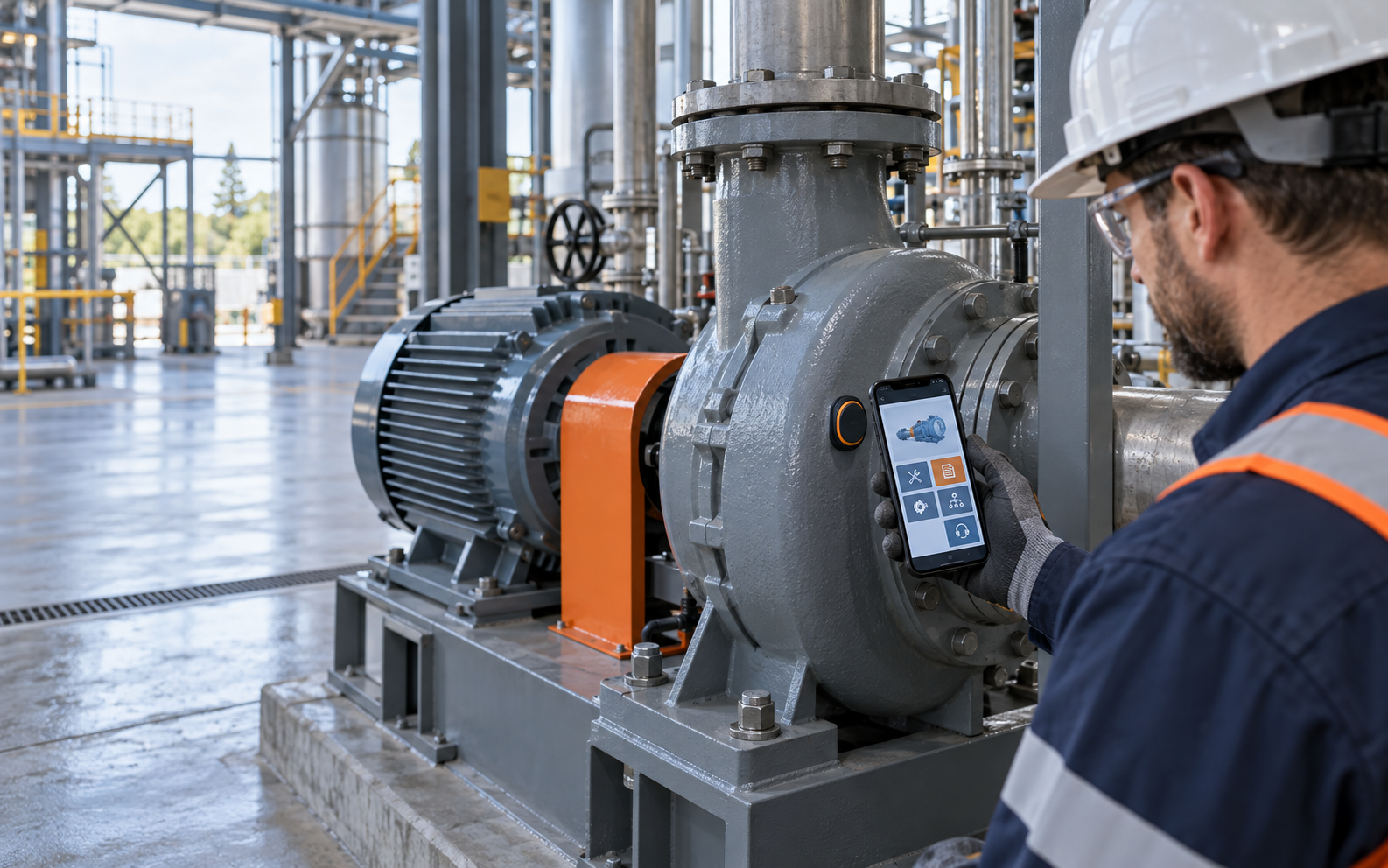 Field technician accessing equipment information from a smart tag on an industrial pump